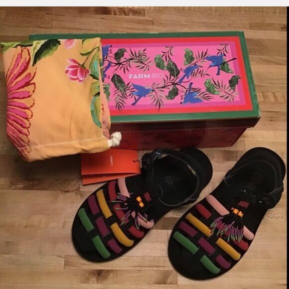 NEW Farm Rio Beaded Strappy Black Sandal Dust Bag Rubber Sole Size 9 - Picture 2 of 4